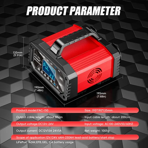 15A 12V 24V Автомобильный усилитель ЖК-дисплей Smart Charger Moto Зарядное устройство для свинцово-кислотных аккумуляторов LiFePO4 AGM