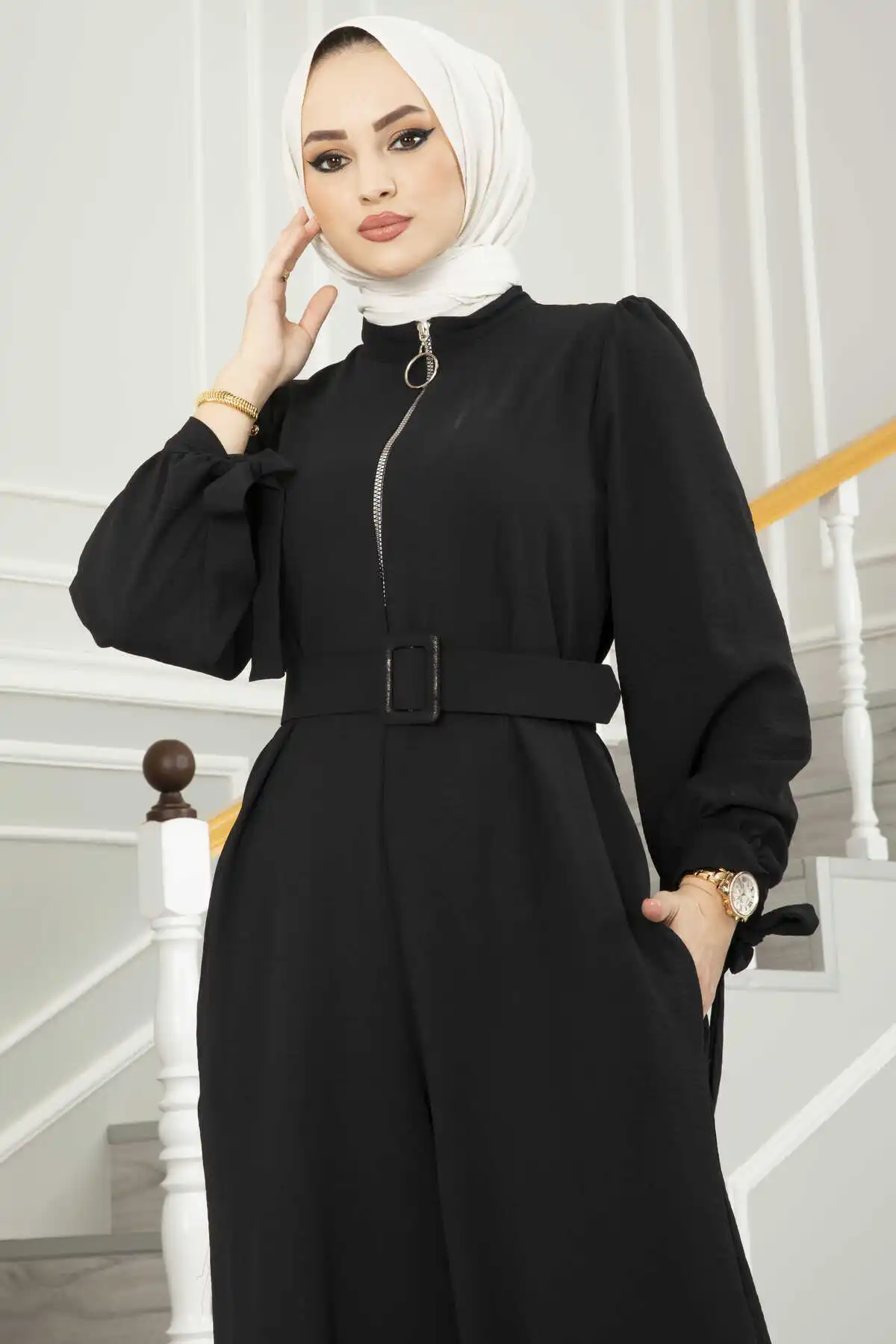 Women Fashion Front Zipper Detailed Aerobin Hijab Jumpsuit Shimmer Open Abaya Kimono For Silky Balloon Sleeve Long Cardigan 2022