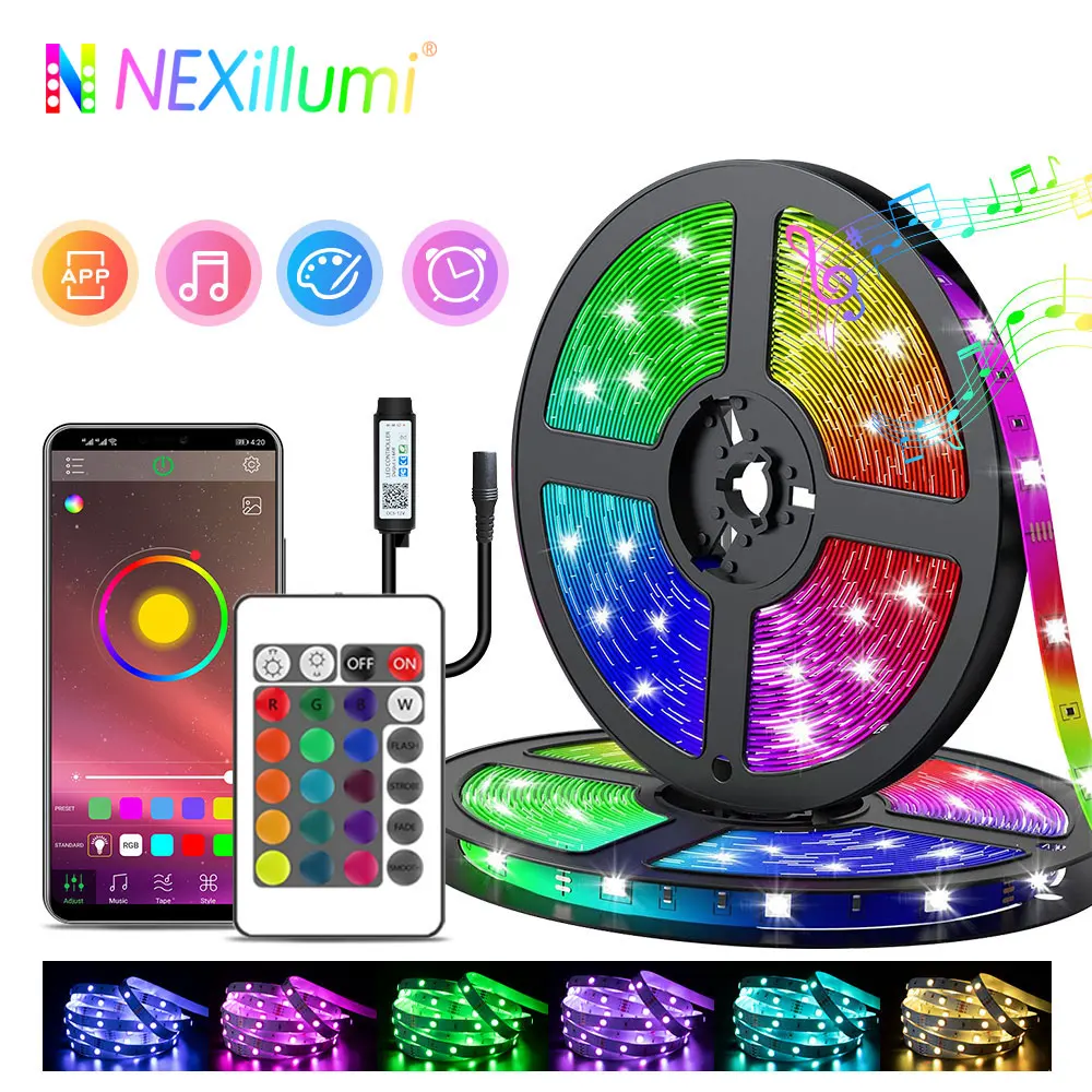 Nexillumi Bluetooth LED Strip Lights RGB 5050 SMD Flexible Ribbon Waterproof RGB LED Light  Tape Diode DC Control