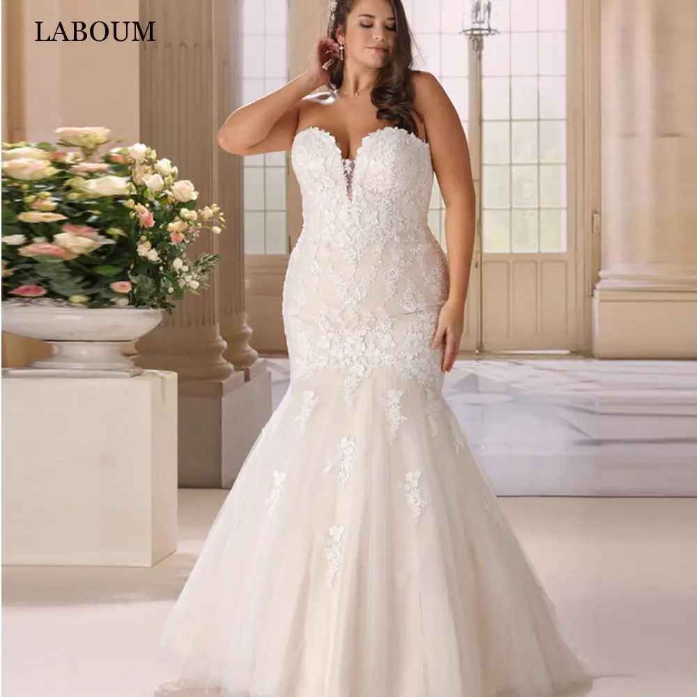

LaBoum Plus Size Mermaid Wedding Dresses Sweetheart Lace Appliques Bridal Gowns Sleeveless Lace Up Vestido De Novia Sweep Train