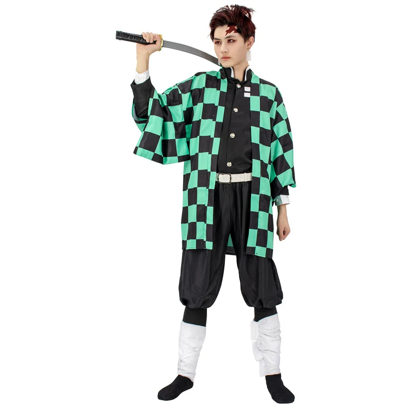 

DAZCOS Men's Tanjirou Cosplay Costume Green Plaid Kimono Coat with Black Suit and Belt Halloween Anime Costume Party Carnival