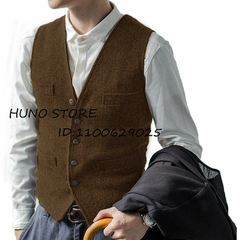 

Herringbone Men'S Suit Vest Single-Breasted V-Neck Sleeveless Jacket Suitable For Dinner Male Wool Undershirt Gilet Gris