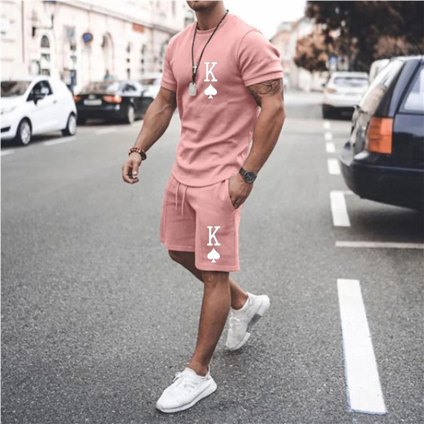 

Limited Mens Cotton Summer Outfits Printed T-Shirt Set Oversized Tracksuit Casual Shorts Suit Streetwear 2Piece Jogging Clothing
