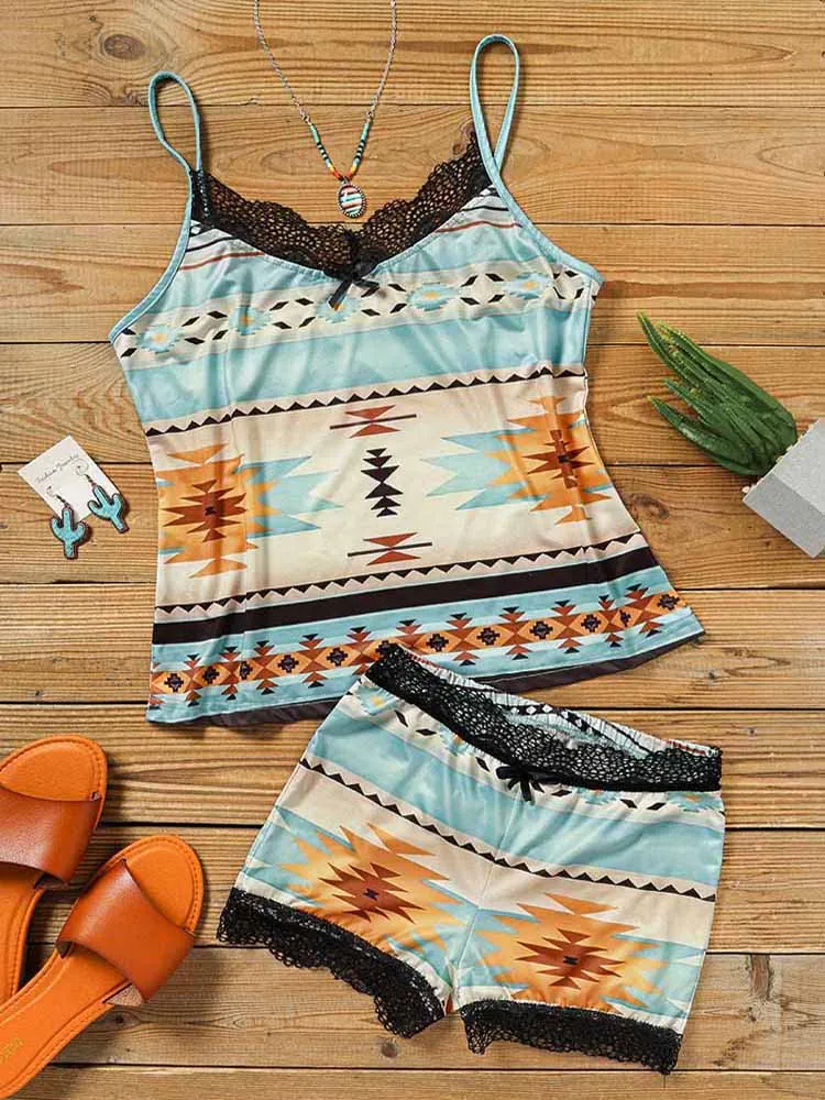 Womens Sexy Lace Sleepwear Two Piece Aztec Geometric Print Vest Top and Shorts Set Casual Lingerie Suit Vintage Western