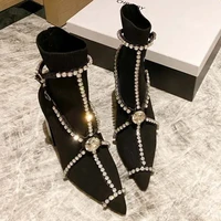 women rhinestone pointy toe elastic booties fashion mid calf chunky high heel knitted wool boots gladiator chain diamond shoes