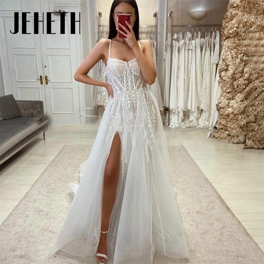 

JEHETH Spaghetti Straps Tulle Side Slit Boho Wedding Dress for Women A-Line Appliques Lace Backless Bridal Gowns Sweep Train