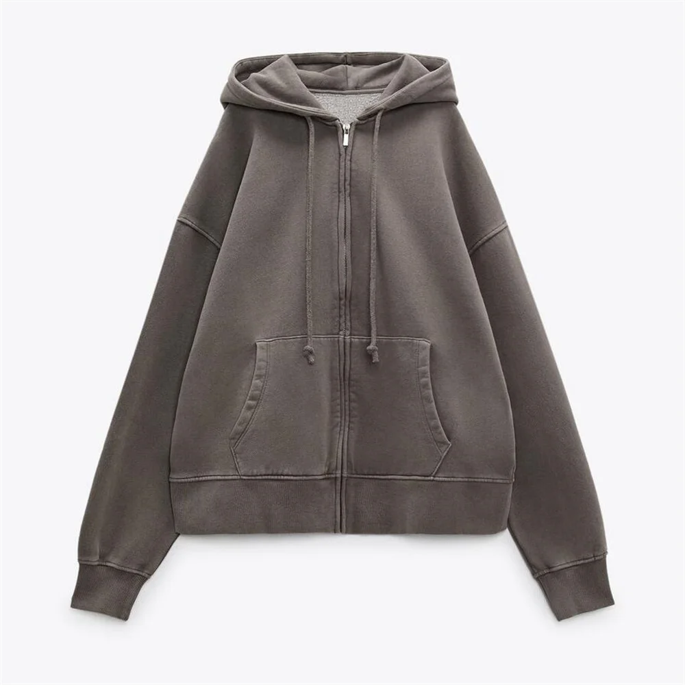 

Женский Однотонный свитер с капюшоном и большими карманами, на молнии