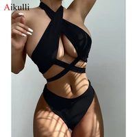 2022 new solid color two piece monokin brazilian swimwear sexy suspender cutout cross bikini set summer beachwear ladies bath sw