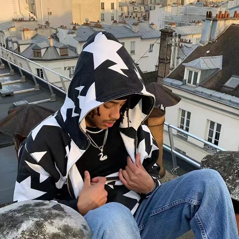

Hip Hop Star Print Hoodies Men Fashion Zip Up Long Sleeve Sweatshirt Harajuku Fairy Grunge Hooded Jacket Coat Y2K Streetwear