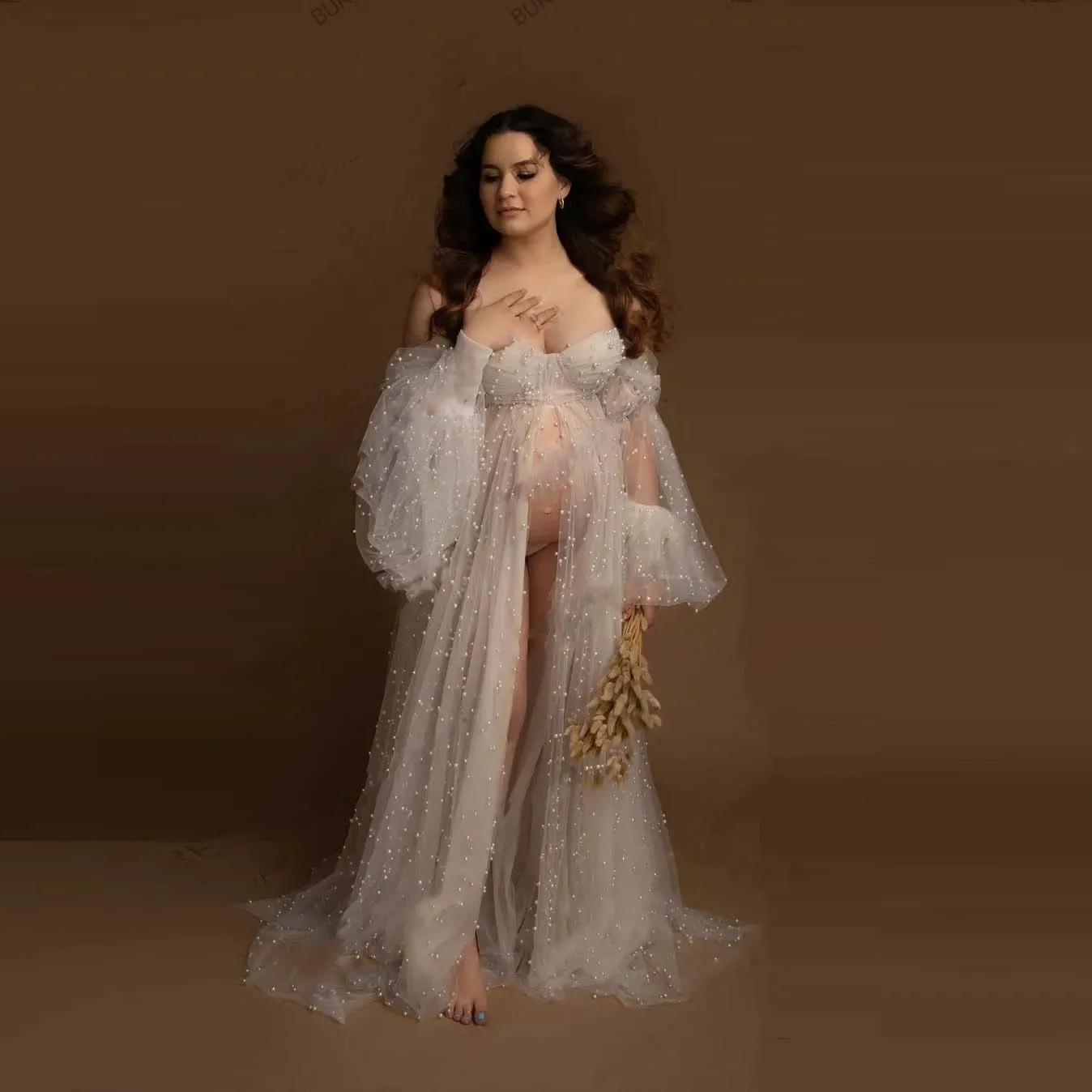 

Pearls Ivory Photo Shoot Maternity Dress For Photoshoot Baby Shower Robes Ruffle Lush Bridal Photography Pregnancy Dresses