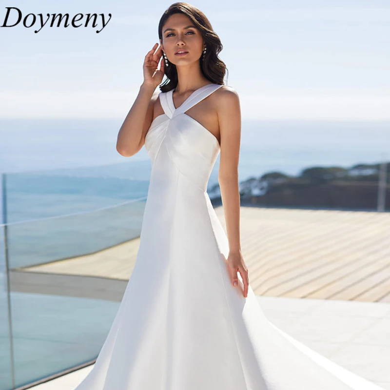 Купи Doymeny Bridal Wedding Dress V-Neck Backless Sweep Train Criss-Cross Button Draped Sleeveless Satin Simple A-Line Robe De Mariée за 8,736 рублей в магазине AliExpress