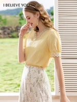 i believe you summer fashion woman blouses 2022 cotton top french striped lace vneck puff short sleeves blouse women 2222054254