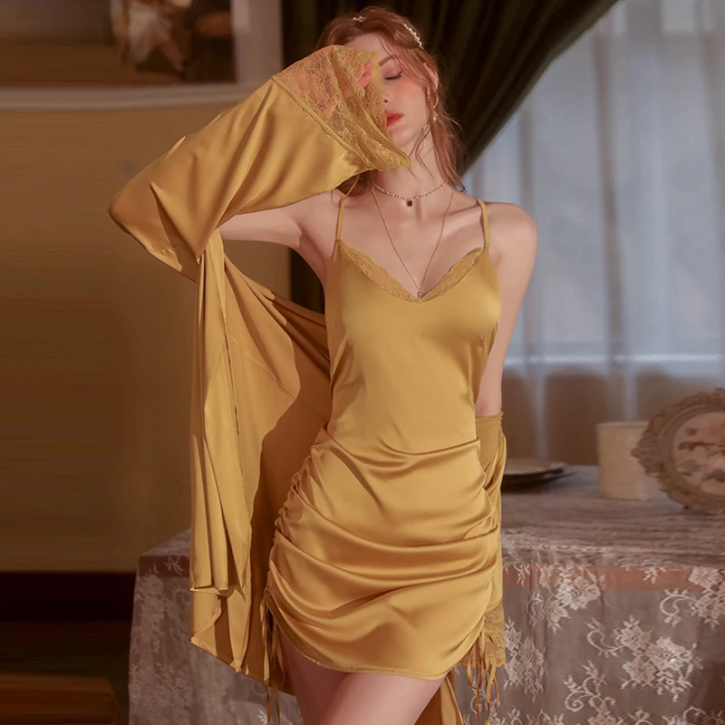 Sexy V-neck Satin Sleepwear Lady New Backless Lace Suspenders Nightdress Women Pleated Drawstring Nightwear Female Soft Homewear