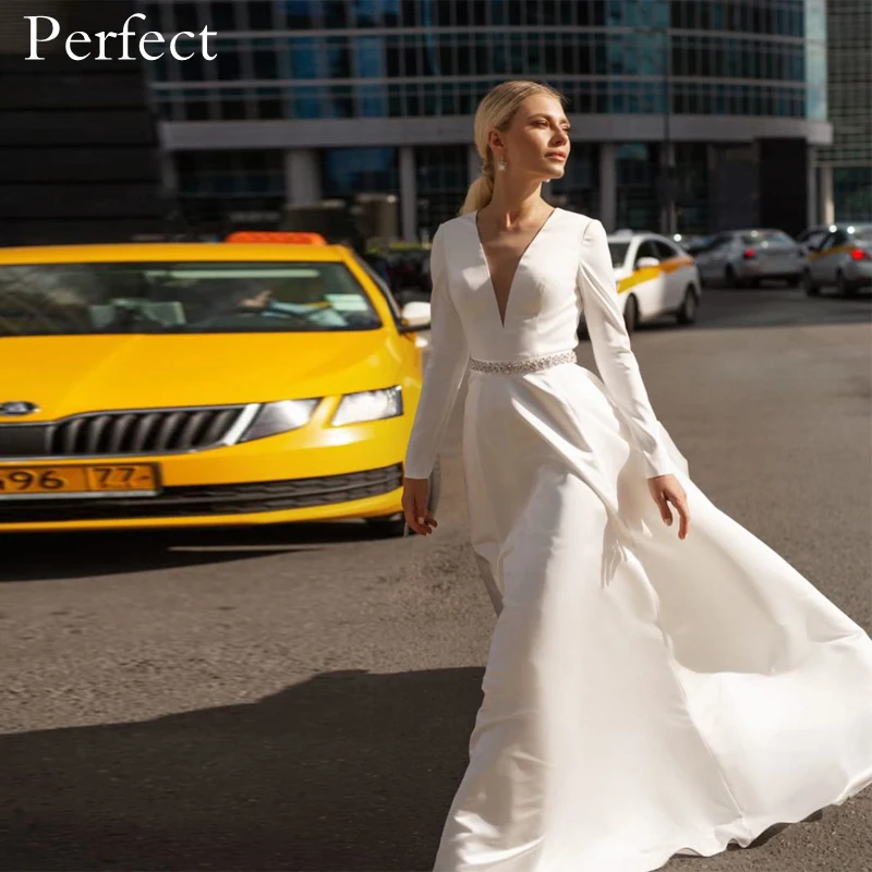 

Perfect Simple Elegant A Line Satin Wedding Dress Long Sleeve V Neck Button Back Sequined Belt Court Train Robe De Mariee