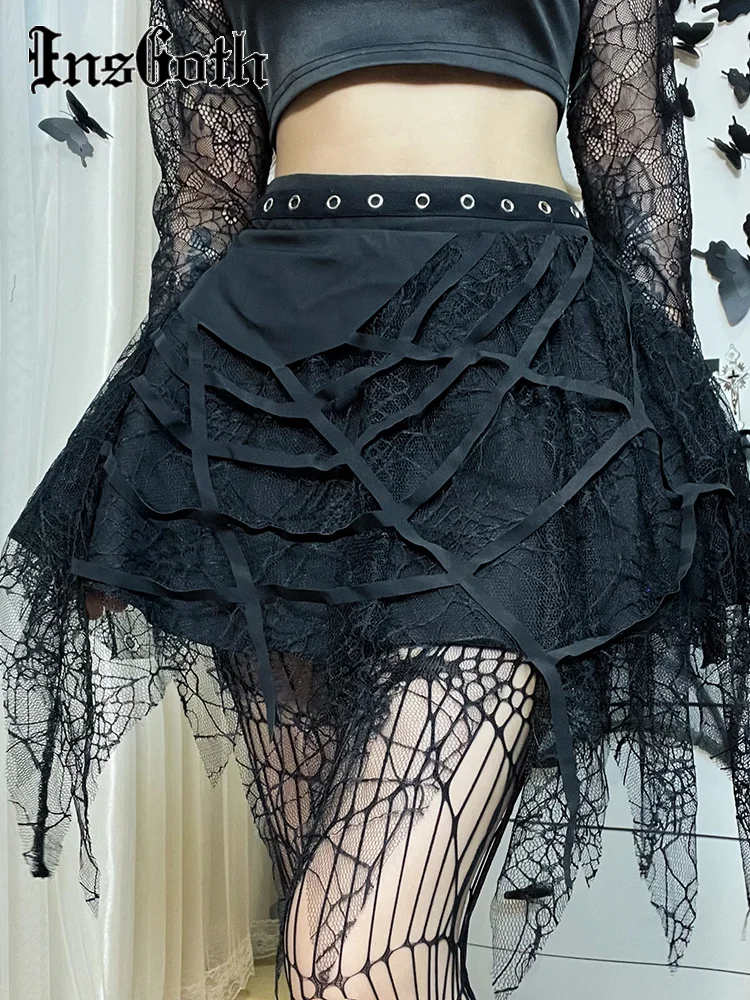InsGoth Gothic Mini Skirts Y2K Harajuku Spider Web Patchwork Lace Tassel Dark Academy Street Woman Skirts With Belt Fairy Grunge