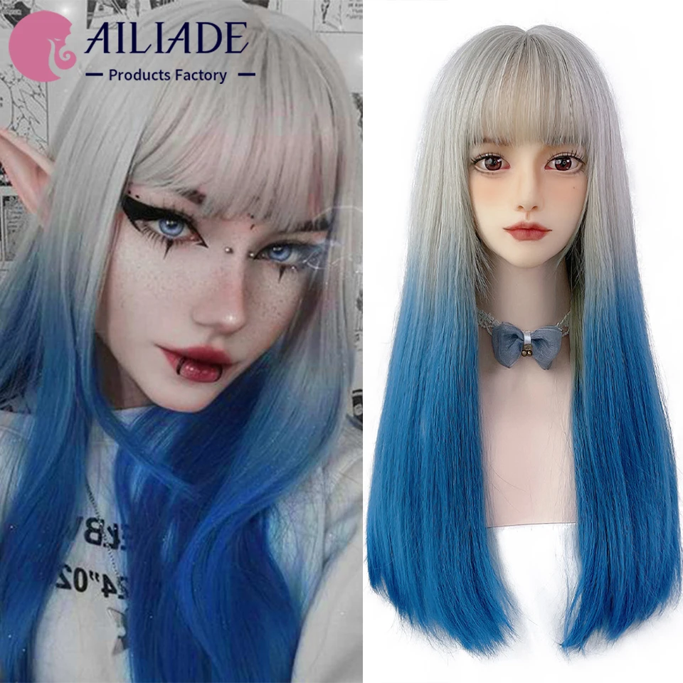 

AILIADE Synthetic Long Straight Wigs for Women Heat-Resistant Grey Blue Wig Anime Cosplay Daily Party Lolita Wig with Bangs