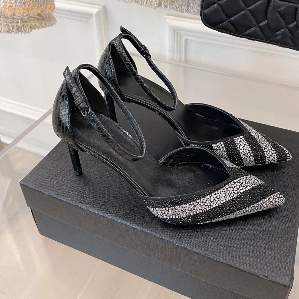 Black White Stripe Rhinestones Sandals Bling Bling Pointed Toe Stiletto Heels Ankle Strap Women Shiny Sandals Shallow Pumps