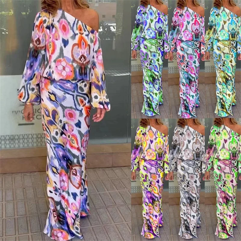 

2022 Women's Autumn New Loose Printing Long-sleeved Off-The-Shoulder Top Half Body Fishtail Long Skirt Suit