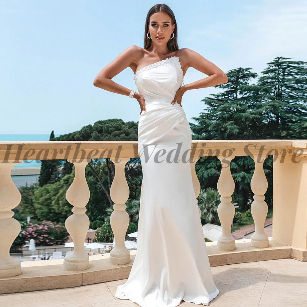 

Fashion Asymmetrical Wedding Dress Mermaid 2023 Brides Sequins Pearls Court Train Lace-Up Backless Sleeveless Robe De Mariee