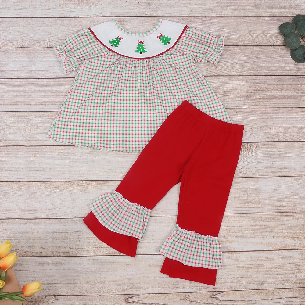 

Newborn Baby Girl Clothes Set Kids Christmas Tree Embroidery Bodysuit Long Sleeve Lattice Pants Outfits Suit For 1-8T Babi Girls