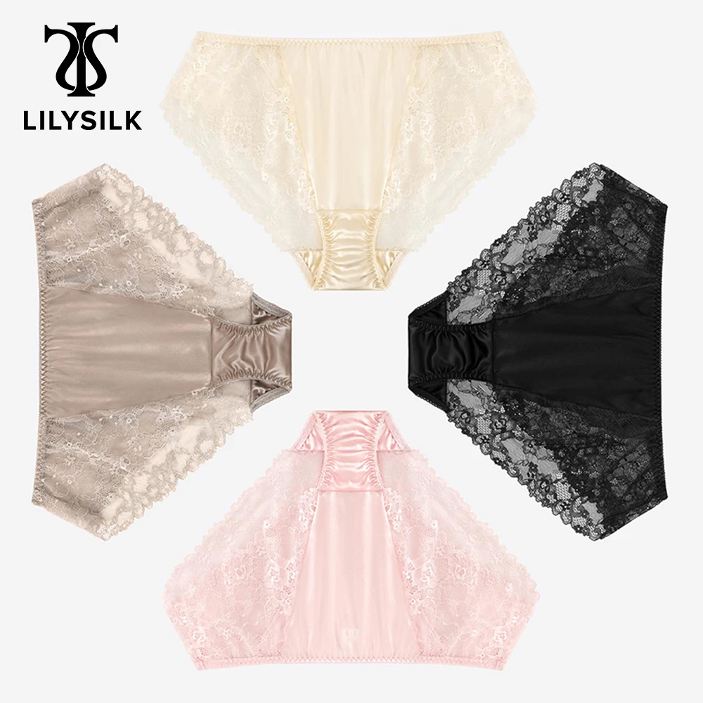 LILYSILK Women 4 Pcs Silk Panty Set Femme Lace-Trimmed Mid-Waist Confortable Underwear Free Shipping
