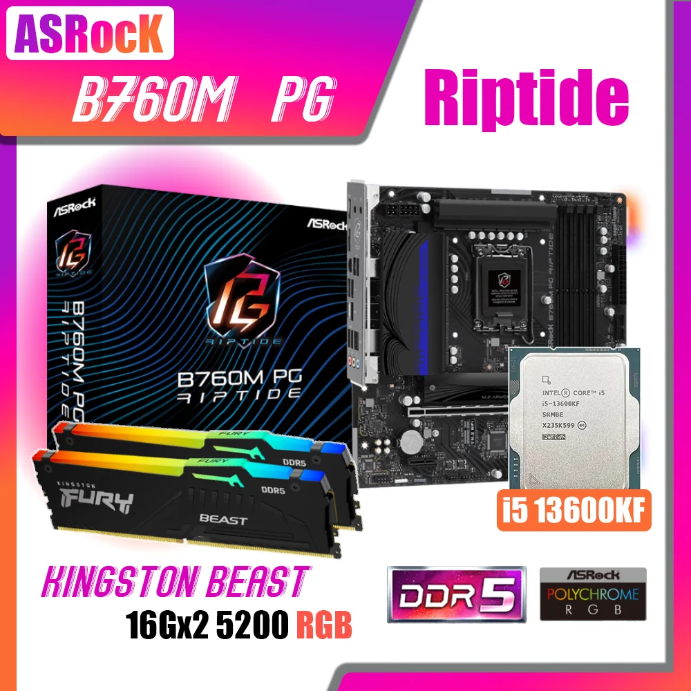 

ASRock B760M PG Riptide DDR5 LGA1700 Motherboard Kit With Intel Core i5 13600KF Processor Fury DDR5 5200MHz RGB 16G x2 Memory