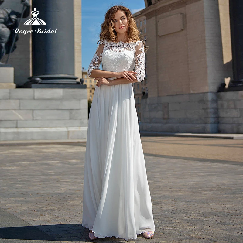 

Elegant A-Line Custom Made Lace Half Sleeve Wedding Dress 2023 O-Neck Appliques Chiffon Bridal Gowns With Sweep Train vestidos