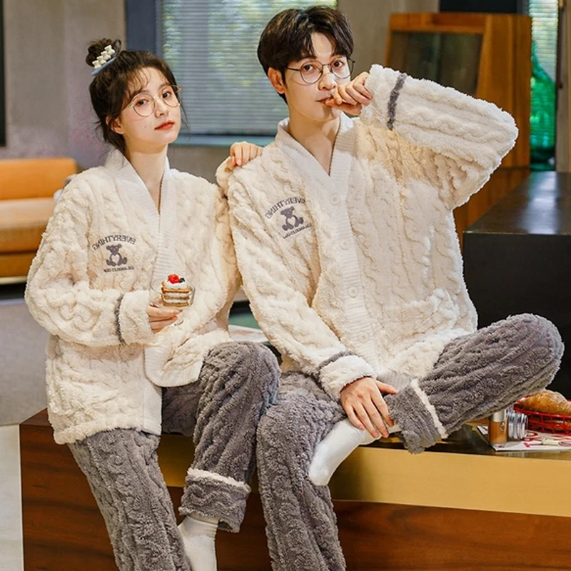 QUHENG 2022 Winter Men Flannel Pajama Sets for Women Long Sleeve Thick Warm Coral Velvet Cute Cartoon Sleepwear Suit Homewear