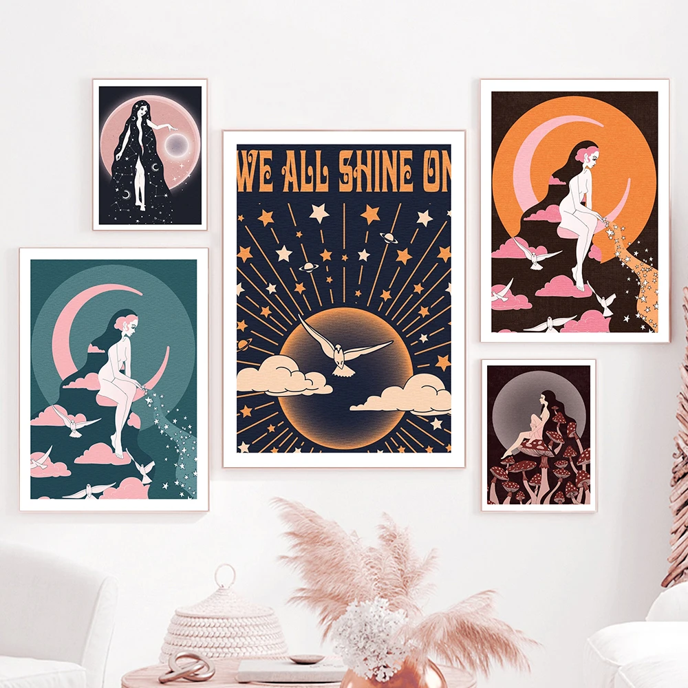 

Художественная печать и постер Moonwitch Priestess, винтажный абстрактный гриб, королева, холст, Ретро стиль, комната