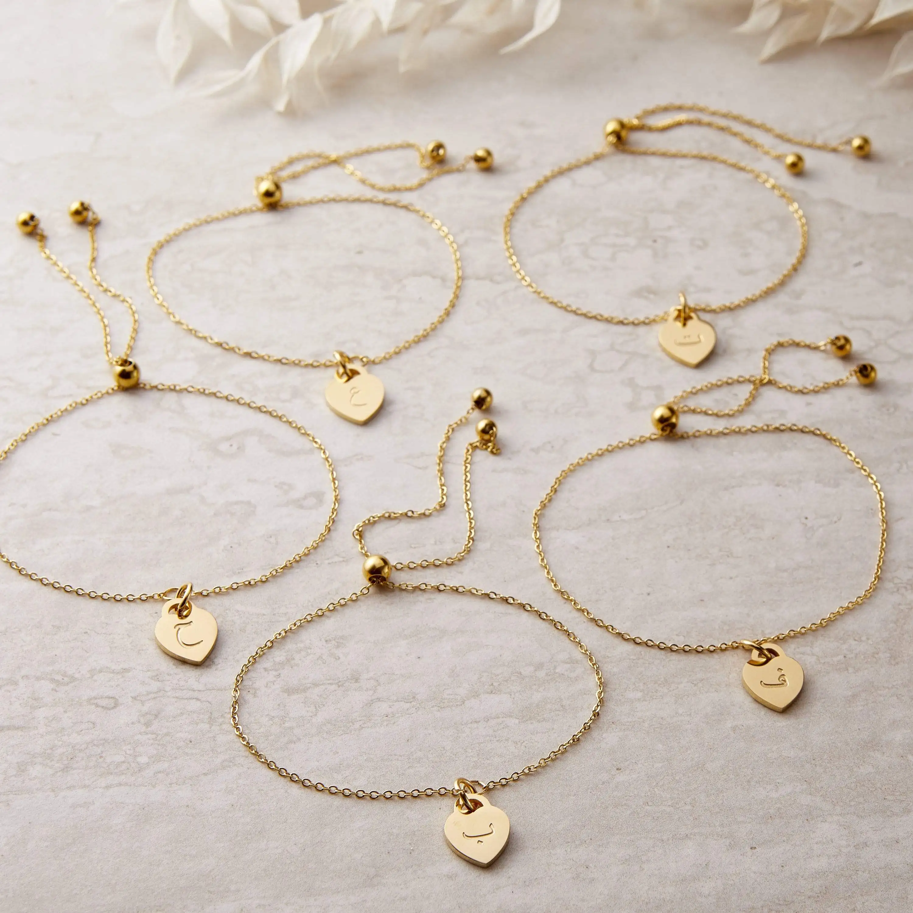 Arabic Letter Custom Bracelets Heart Shape Pendants Arabic Alphabet, English, Text Engraved Stainless Steel Women Bracelet Gold
