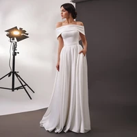 simple pure white boat neck wedding dresses a line off the shoulder bride dresses long train draped bridal gown abiti da sposa