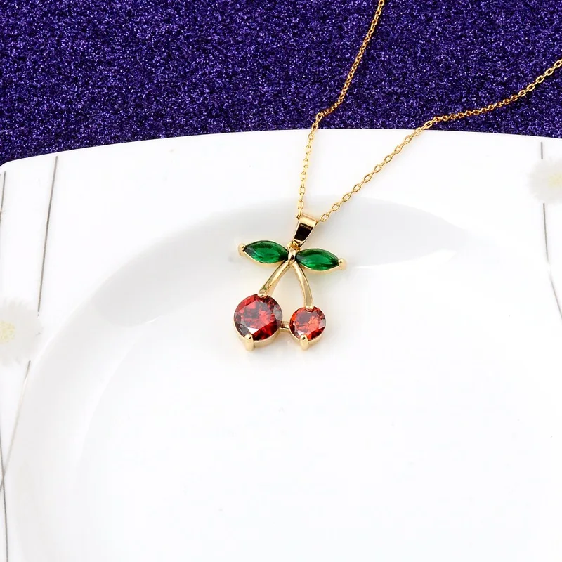 Fashion Korean style red cherry pendant micro-set zircon cute fruit necklace temperament cherry personality clavicle chain gift images - 6