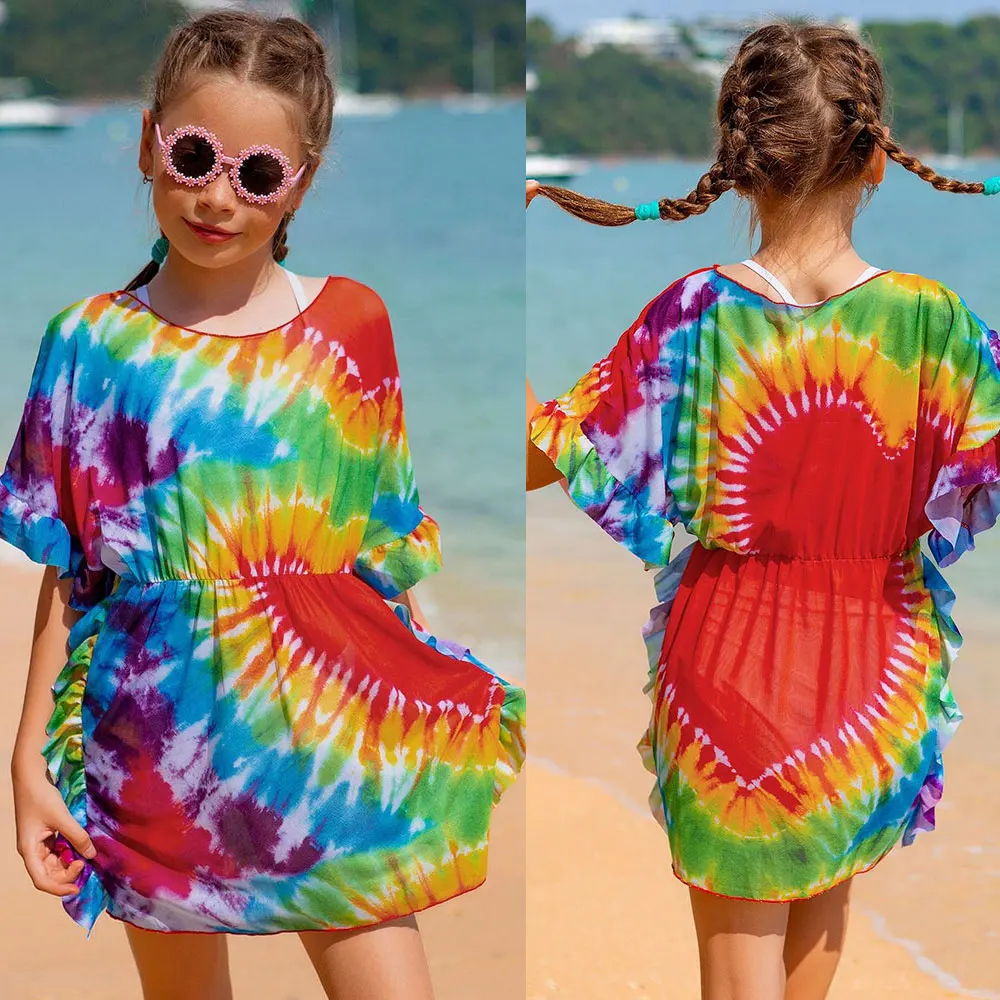 

Сетчатый купальник бикини с завязкой для девочек, накидка с оборками, солнцезащитное платье, детская повседневная одежда для летних пляжных отпусков, 2024