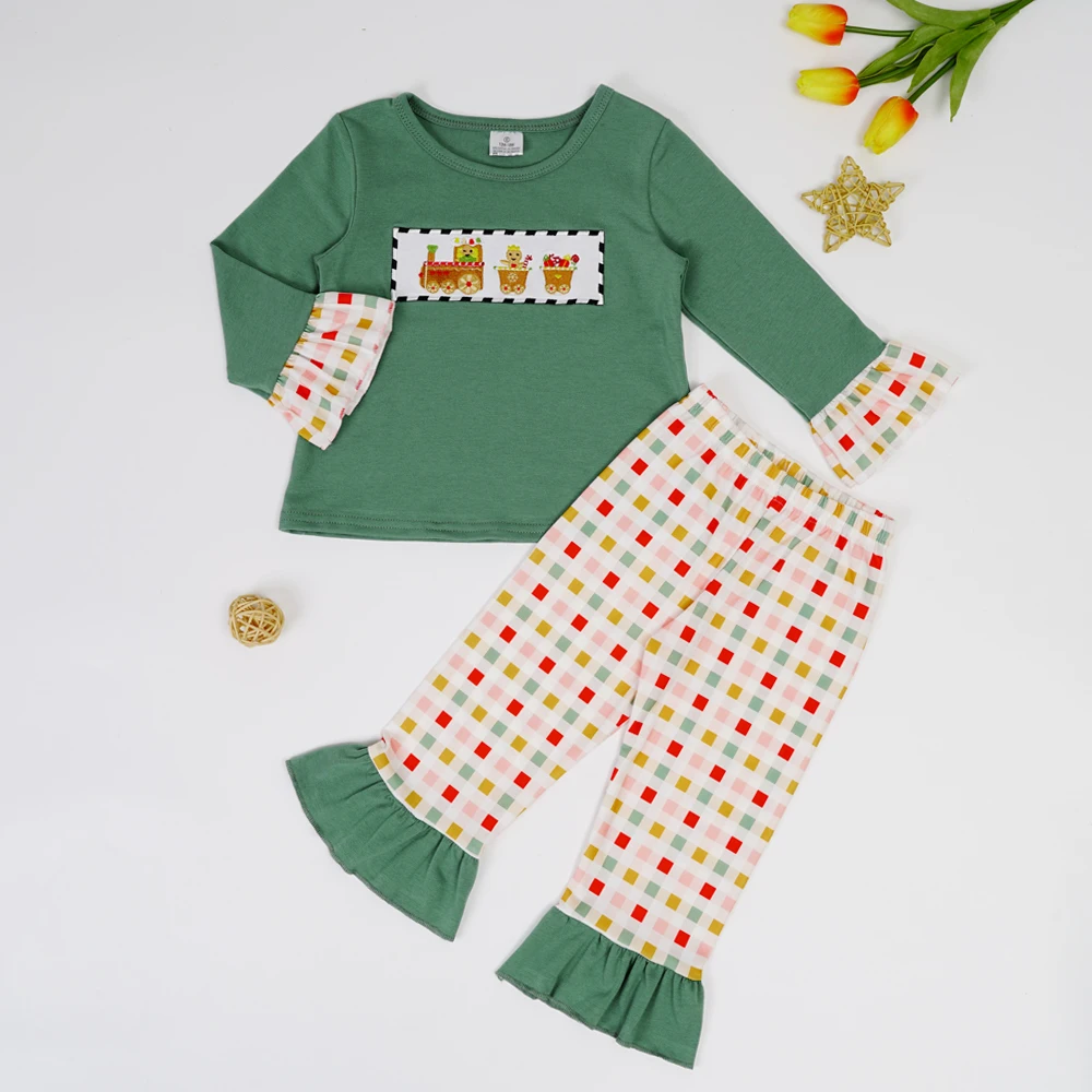 New Born Christmas Outfits Baby Girls Clothes Set  Gingerbread Man Embroidery Bodysuit Long Sleeve Lattice Pants For 1-8T Girl