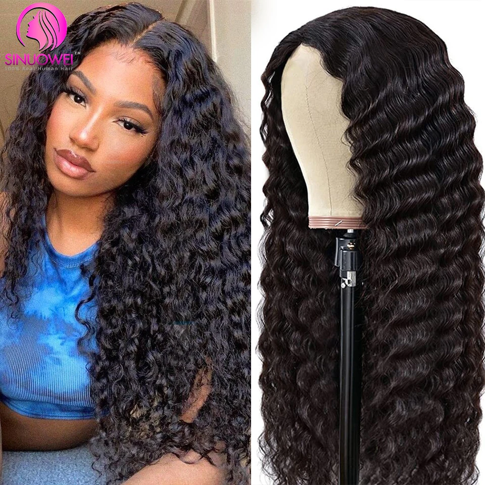 Brazilian T Part Deep Wave Closure Human Hair Wig 13x1 T Part Lace Wig PrePlucked For Black Woman 180% Density Curly Hair Wigs
