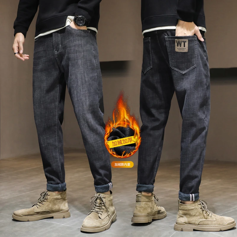 

2022 Winter New Men Regular Fit Stretch Jeans Classic Style Smoky Gray Fashion Casual Denim Pants Male Brand Trousers Blue