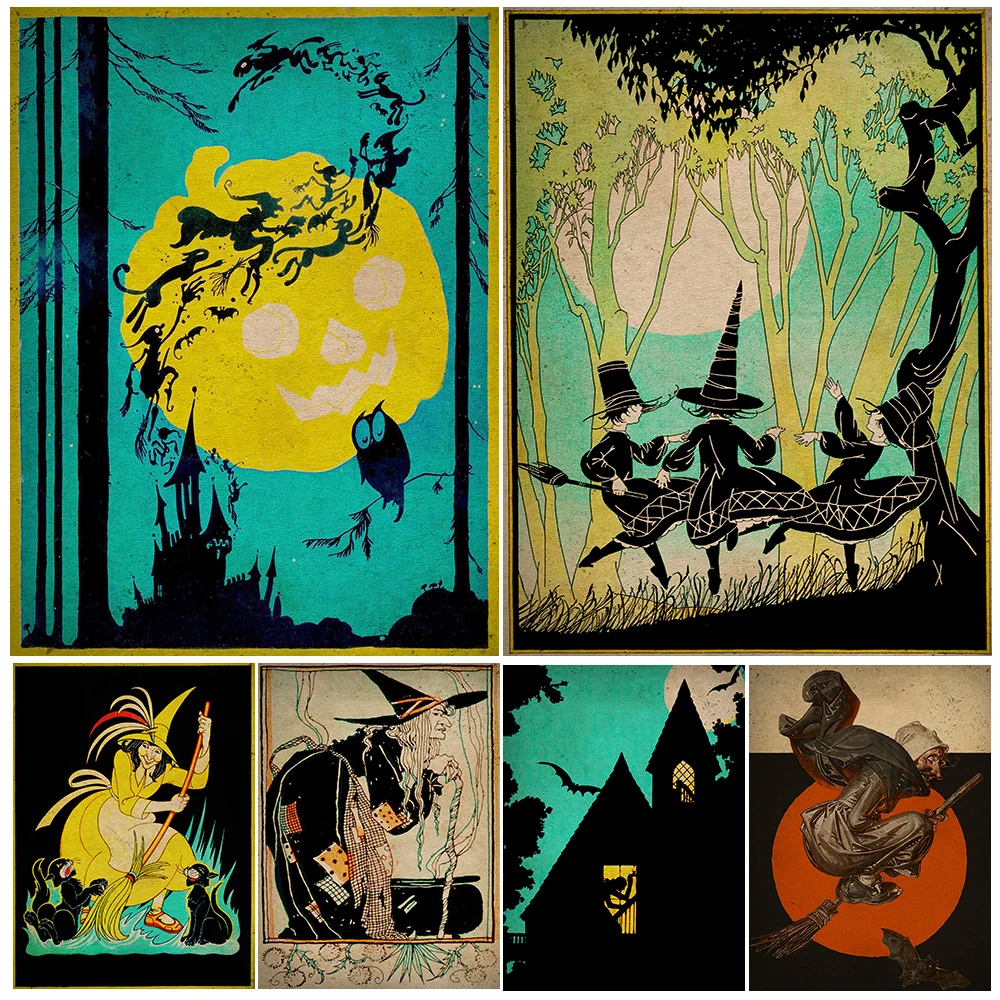

Haunted House With Creepy Witch Vintage Wall Art Canvas Painting Dancing Witches And Black CAT Art Poster And Print Home Decor