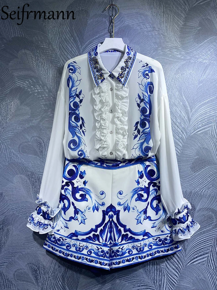 Seifrmann High Quality Autumn Women Fashion Runway Shorts Sets Ruffles Hem Shirts + Blue And White Porcelain Print Shorts Suits