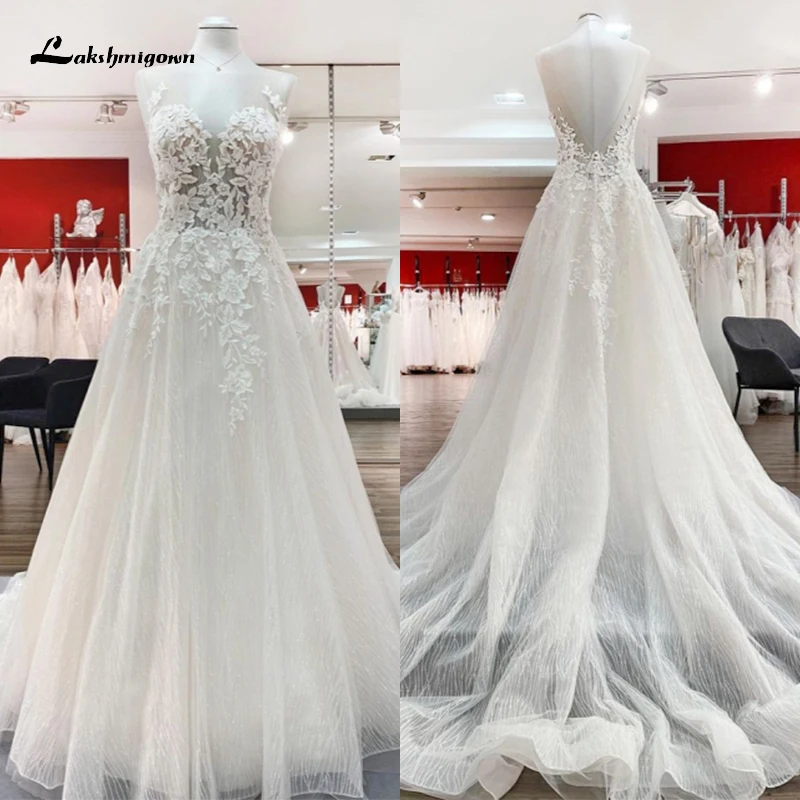 

Boho V-neck Sexy Backless Button Lace Appliques A-Line Wedding Dresses Netting Bridal Gown Sweep Sleeveless Beach robe de mariée