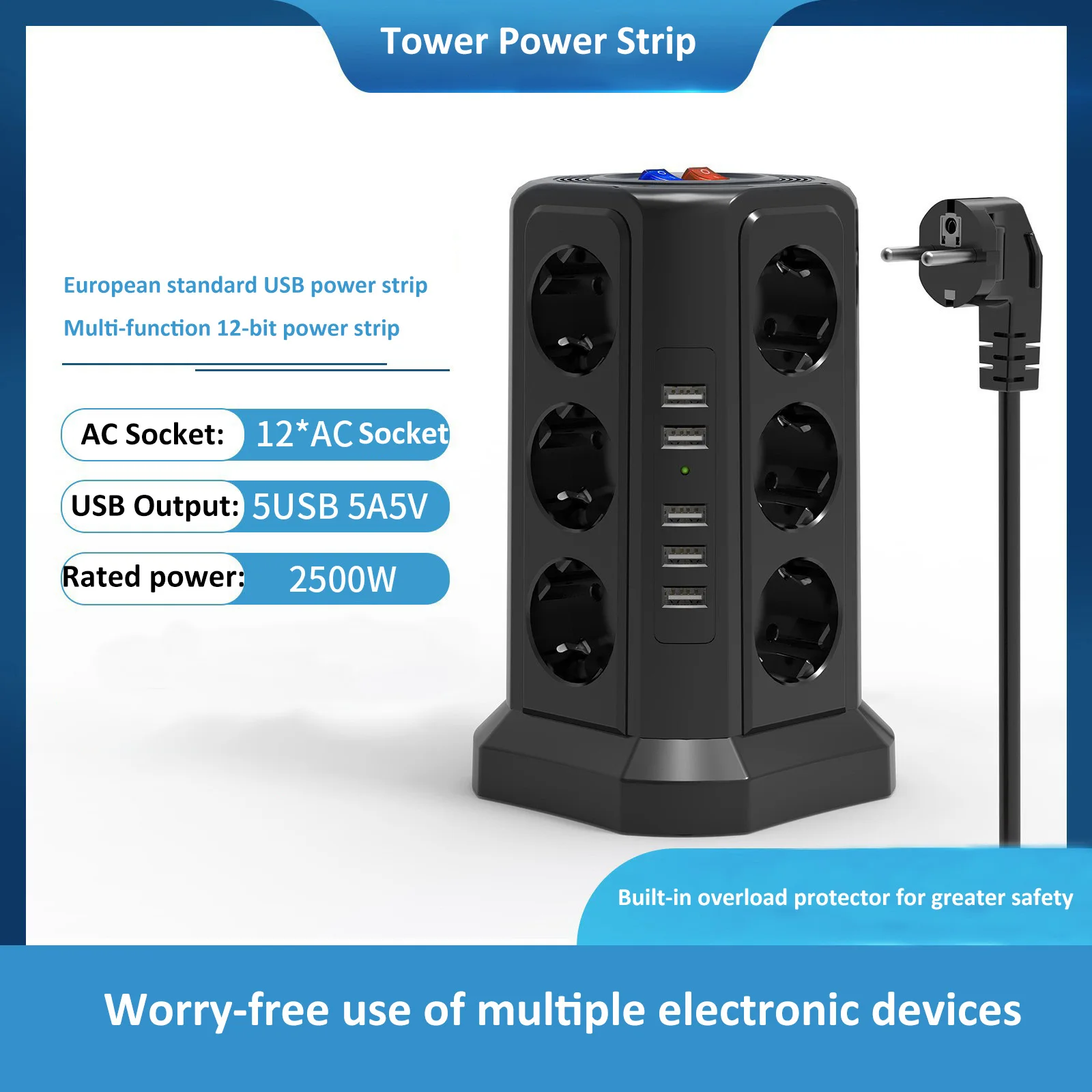 Удлинитель башни с вилкой европейского стандарта 12 розетками сетевым фильтром