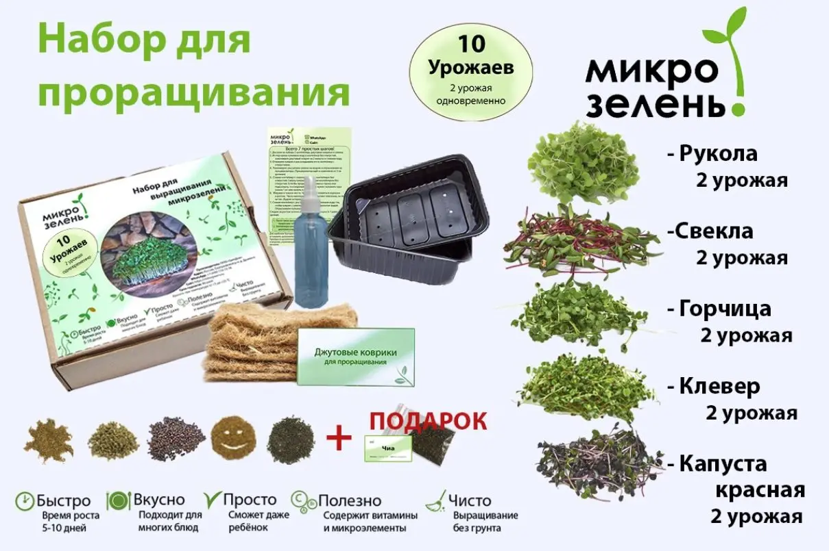 Набор для проращивания микрозелени 10 урожаев &quotMikroGreens" (руккола свекла клевер