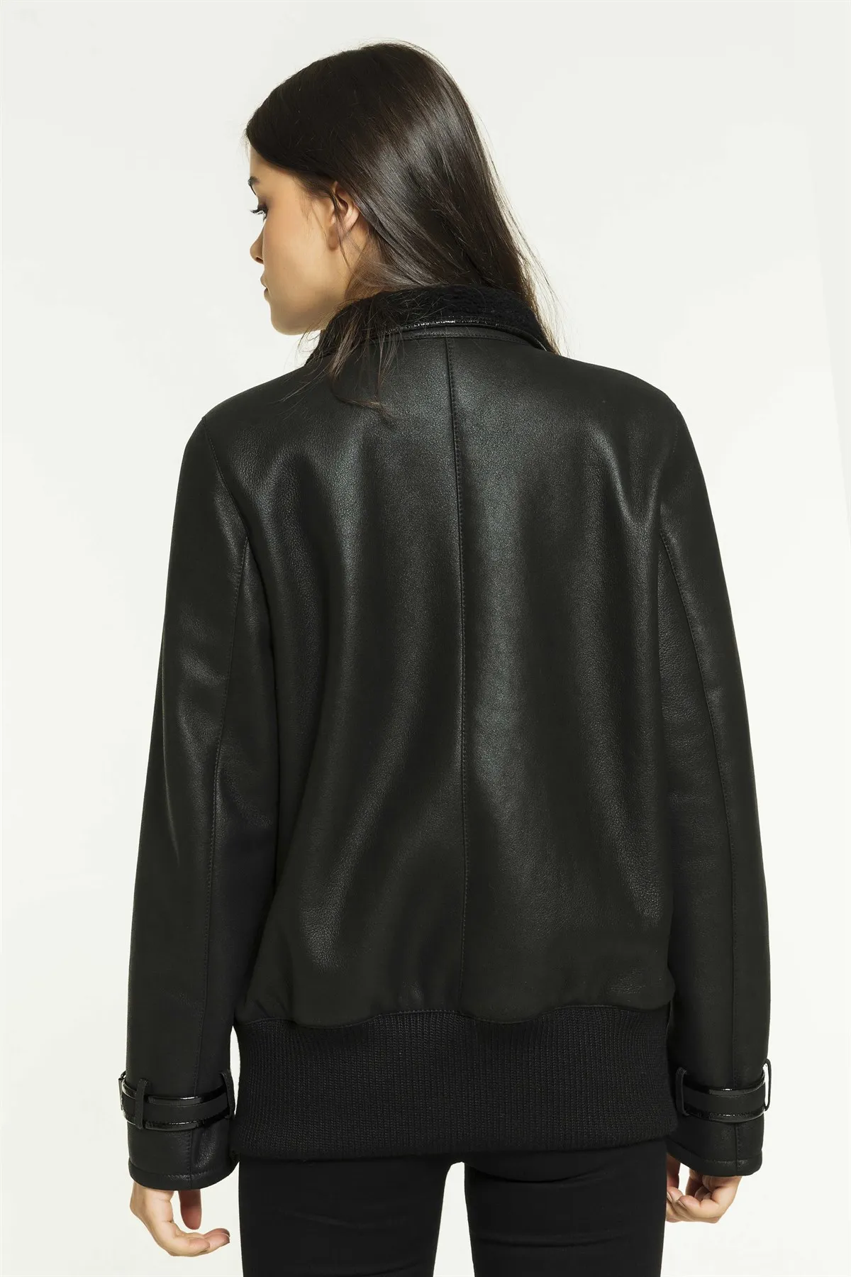 Women's College Black Shearling Leather Jacket Genuine Lambskin Biker Coat New Year Fashion Casual Wear Winter Coat Casual Wear