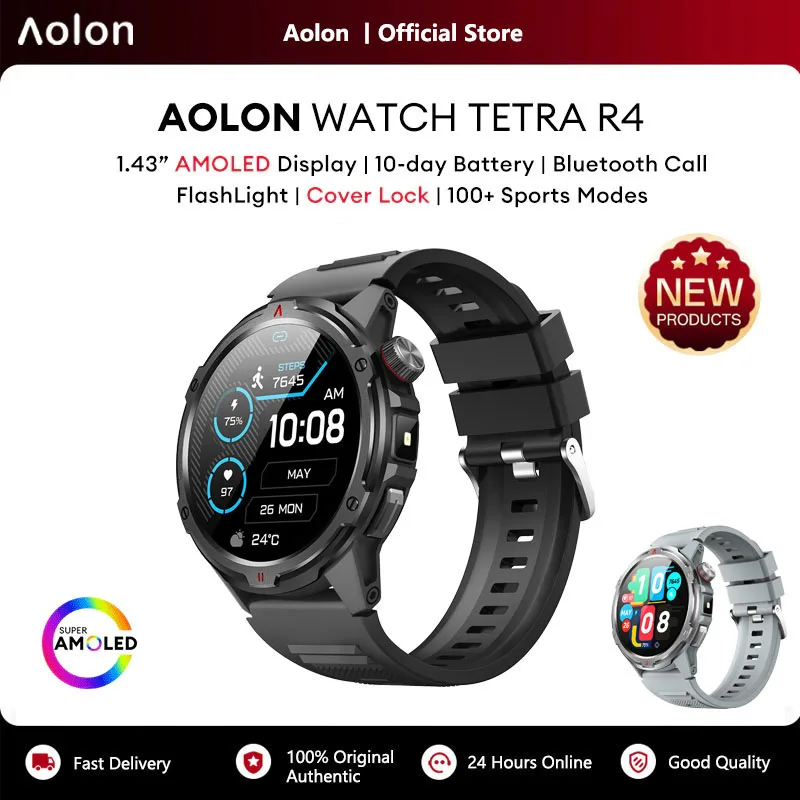 Фото Смарт-часы Aolon Tetra R4 с AMOLED-дисплеем 1.43 дюйма, AGPS, компасом, пульсометром, 100+ спортивными режимами, фитнес-трекер 1ATM для активного отдыха №1
