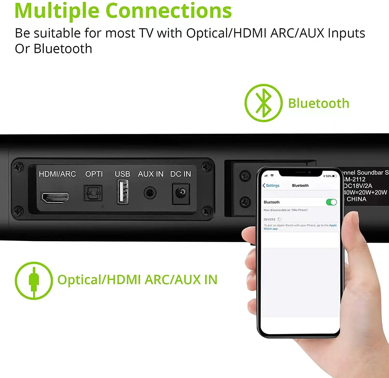 Звуковая колонка Sounderlink Bluetooth 100 Вт совместимая с HDMI, 37 дюймов для крепления на стену, 3D стереозвук для домашнего кинотеатра.