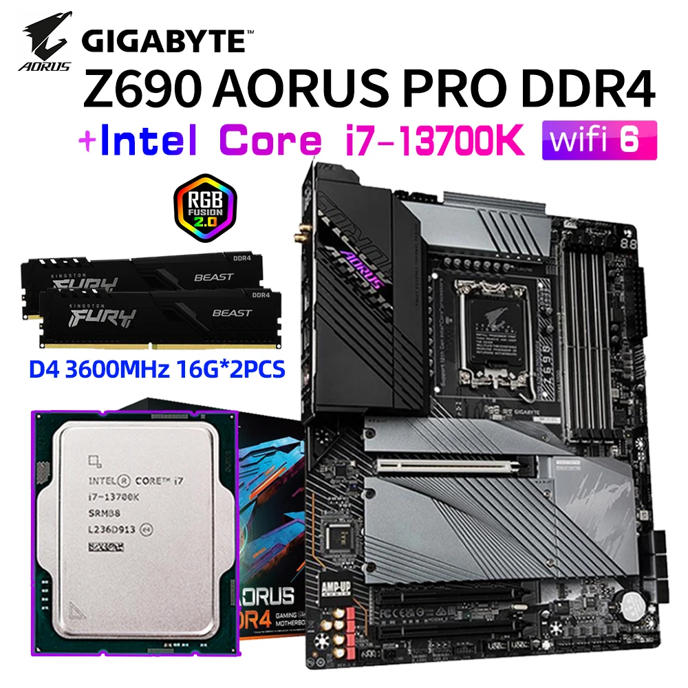 

Gigabyte Z690 AORUS PRO DDR4 Motherboard Set i7 13700K CPU Kit Kingston D4 3600MHz 32G RAM WIFI 6 Gaming Mainboard ATX PCIe 5. 0