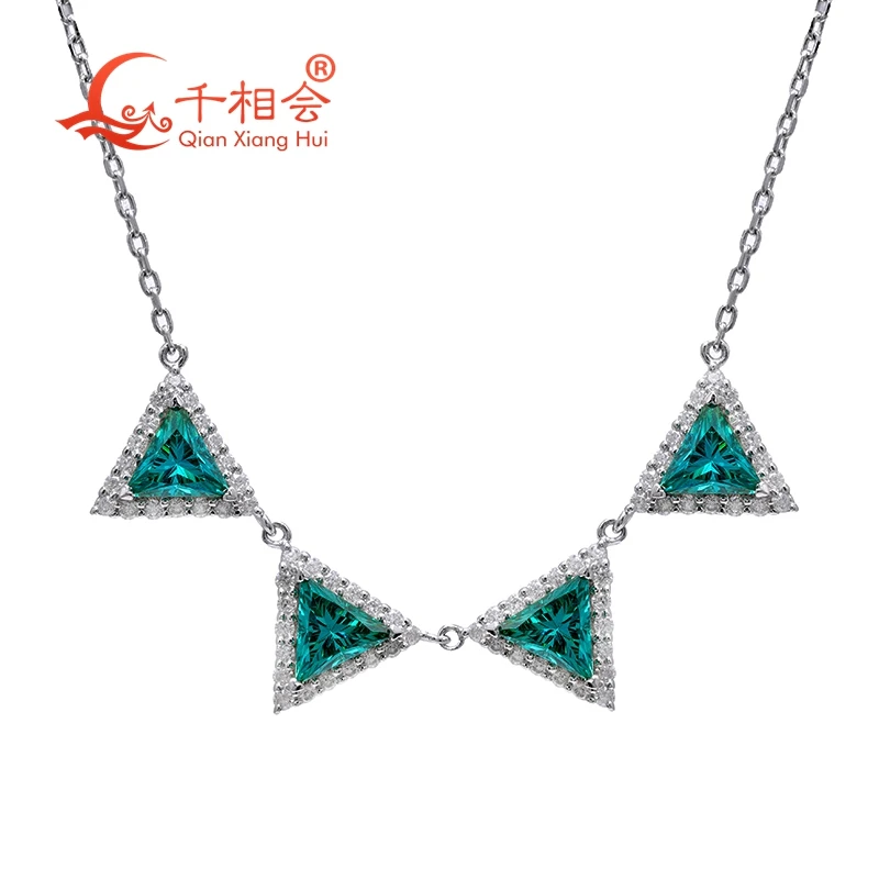 

cubic zirconia Paraiba color Triangle pendant necklace with melee white moissanite 925 Sterling Silver Jewelry gift datting