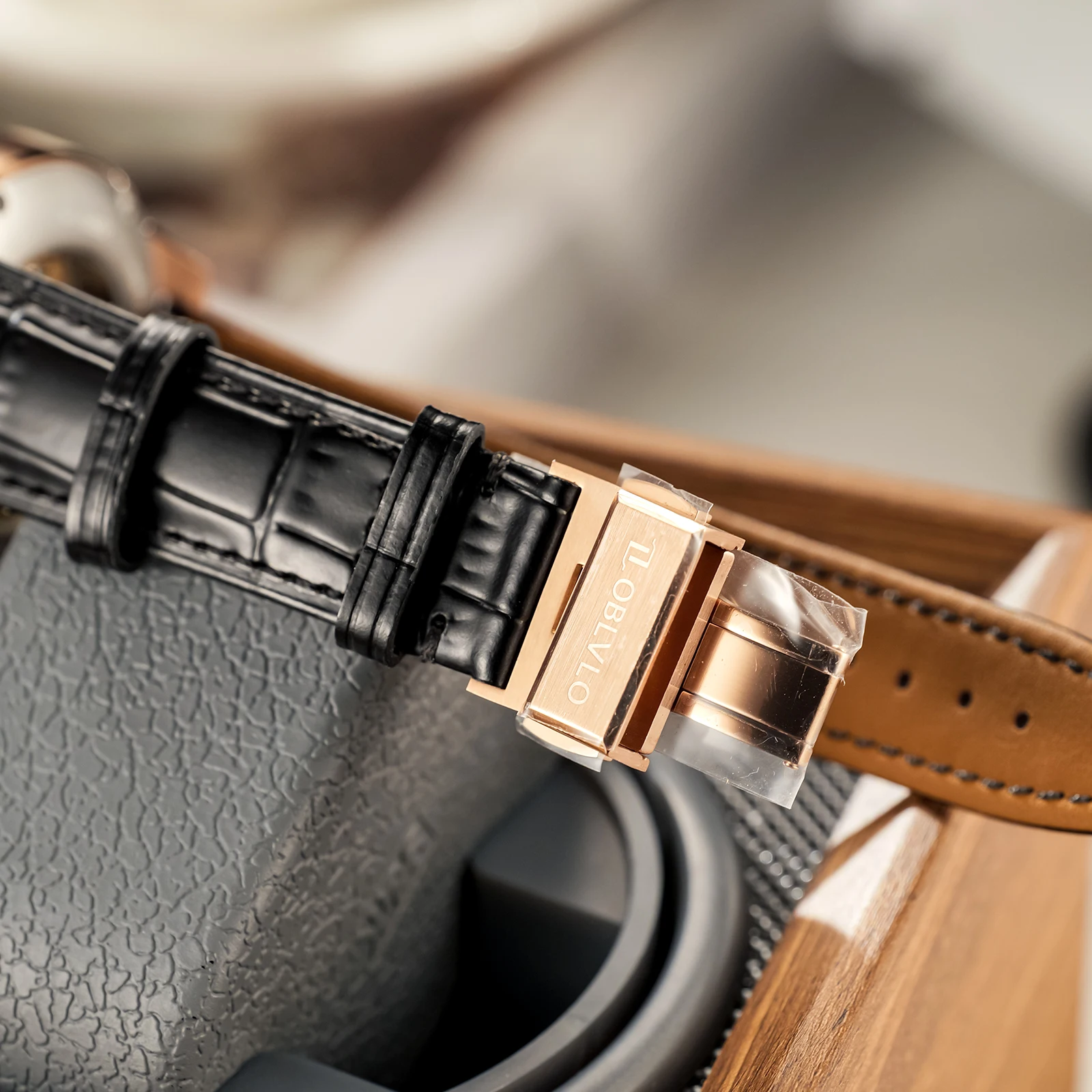 Автоматические часы OBLVLO мужские цвет розовое золото искусственная кожа