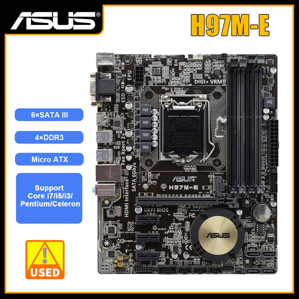 1150 Материнская плата ASUS H97M-E системная DDR3 16 ГБ Intel H97 PCI-E 3 0 USB3.0 VGA Micro ATX для Core i3-4160 cpu -