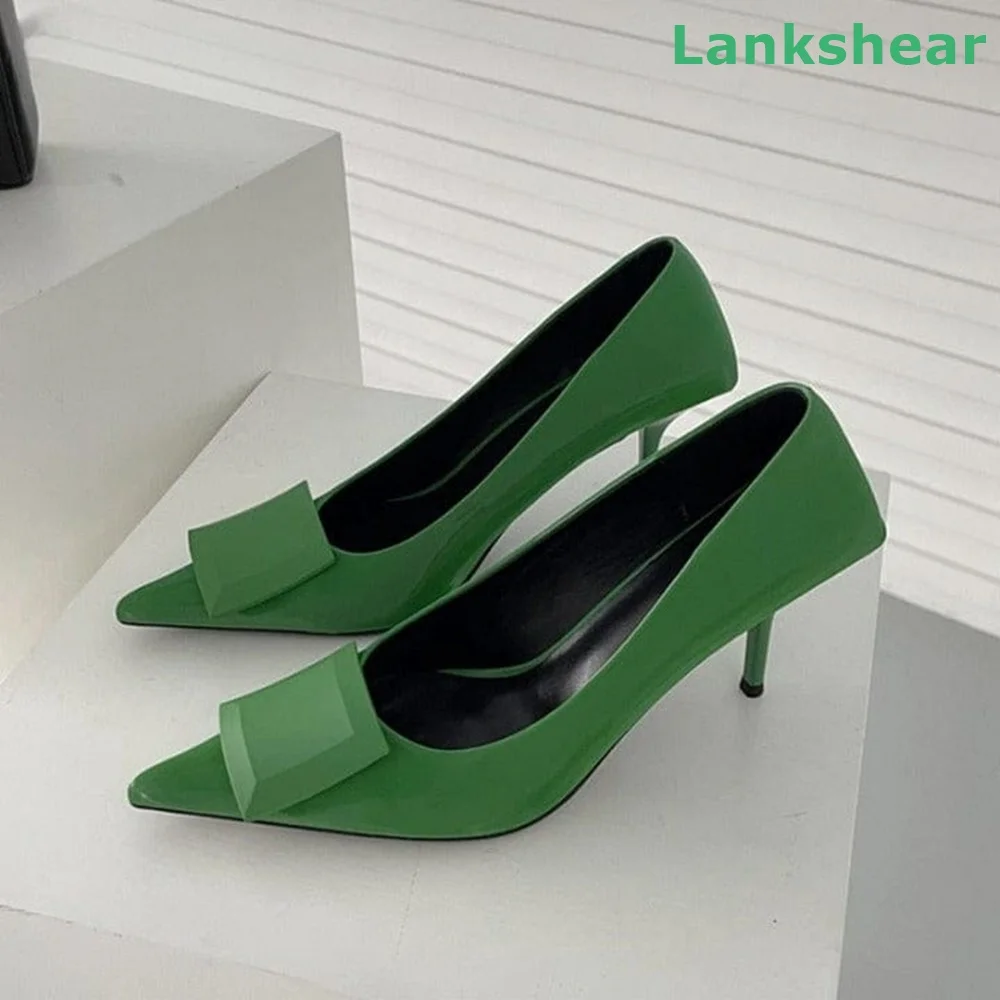 

Three Dimensional Square Buckle Pumps Pointed Toe Slip On Thin Heels Leather Shoes Summer Fashion Comfortable Sexy Women Shoes