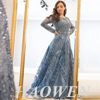 haowen dubai luxury designer navy blue lace beaded a line muslim long evening dresses formal dress floor length